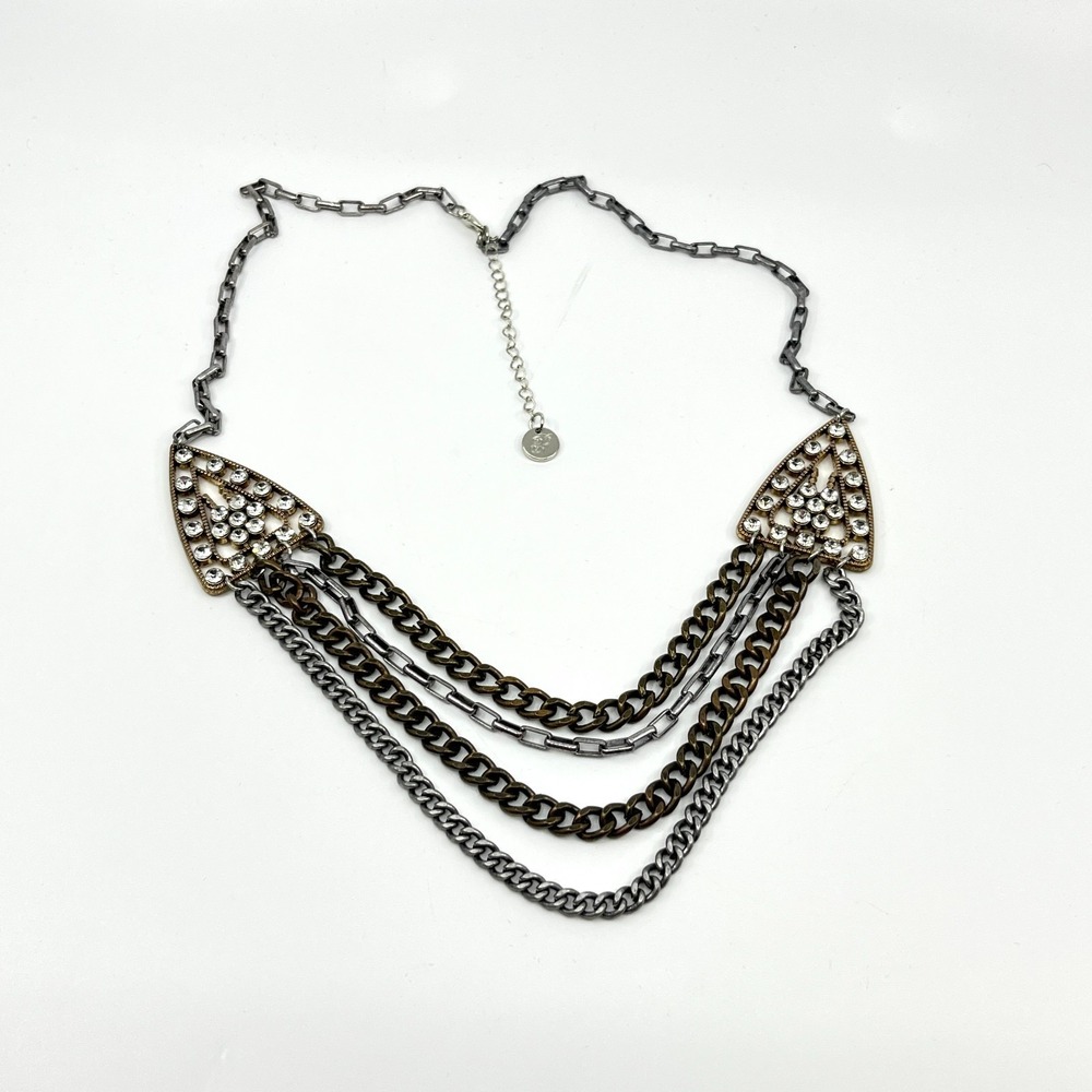 VTG Plunder Mixed Metal Tiered Drape Necklace Bronze & Silver Tone Rhinestone - Picture 3 of 15
